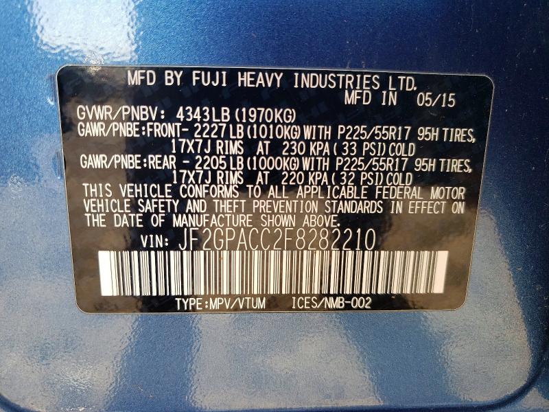 Aukcja sprzedaży 2015 Subaru Xv Crosstrek, vin: JF2GPACC2F8282210, numer aukcji: 50055346