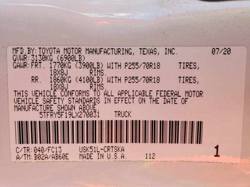 51670686 :رقم المزاد ، 5TFRY5F19LX270031 vin ، 2020 Toyota Tundra مزاد بيع