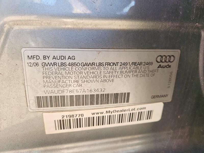 48909956 :رقم المزاد ، WAUDF78E57A163432 vin ، 2007 Audi A4 مزاد بيع