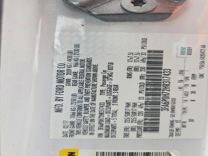 2017 Ford Fusion მანქანა იყიდება აუქციონზე, vin: 3FA6P0H72HR317433, აუქციონის ნომერი: 50759926