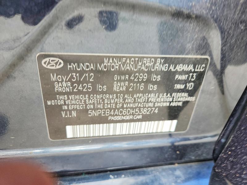 50953496 :رقم المزاد ، 5NPEB4AC6DH538274 vin ، 2013 Hyundai Sonata مزاد بيع