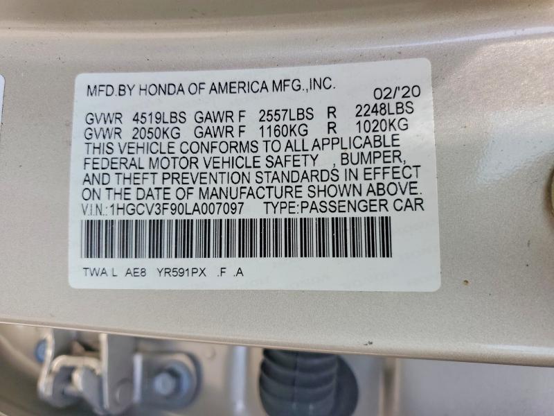 Aukcja sprzedaży 2020 Honda Accord, vin: 1HGCV3F90LA007097, numer aukcji: 50653986
