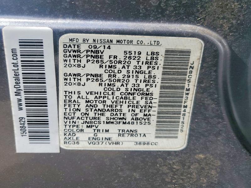 Aukcja sprzedaży 2015 Infiniti Qx70, vin: JN8CS1MW3FM481525, numer aukcji: 50628526