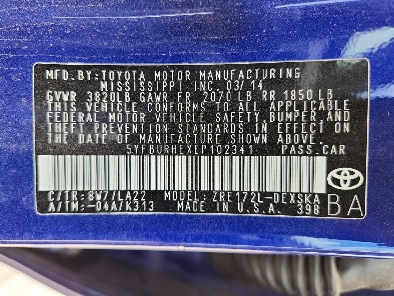 Продаж на аукціоні авто 2014 Toyota Corolla, vin: 5YFBURHEXEP102341, номер лоту: 52038016