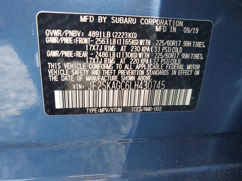 2020 Subaru Forester მანქანა იყიდება აუქციონზე, vin: JF2SKAGC6LH430745, აუქციონის ნომერი: 48955916