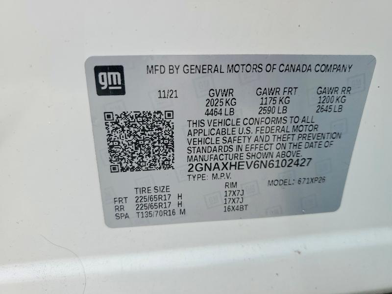Aukcja sprzedaży 2022 Chevrolet Equinox, vin: 2GNAXHEV6N6102427, numer aukcji: 50434716