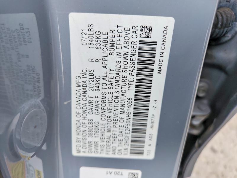 2022 Honda Civic მანქანა იყიდება აუქციონზე, vin: 2HGFE2F50NH514056, აუქციონის ნომერი: 50717736