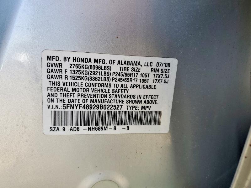 2009 Honda Pilot მანქანა იყიდება აუქციონზე, vin: 5FNYF48929B022527, აუქციონის ნომერი: 50790136