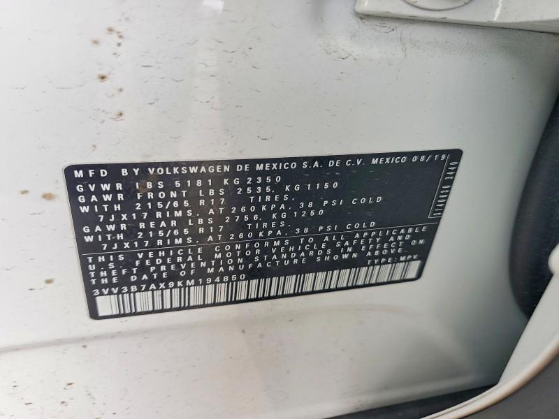 Aukcja sprzedaży 2019 Volkswagen Tiguan, vin: 3VV3B7AX9KM194850, numer aukcji: 50001596