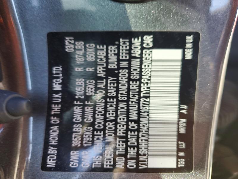 50856816 :رقم المزاد ، SHHFK7H42MU416772 vin ، 2021 Honda Civic مزاد بيع