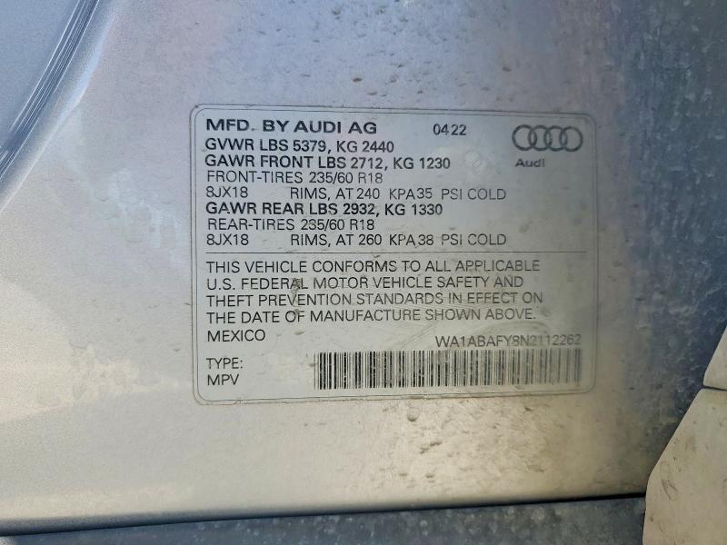 Aukcja sprzedaży 2022 Audi Q5, vin: WA1ABAFY8N2112262, numer aukcji: 50962326