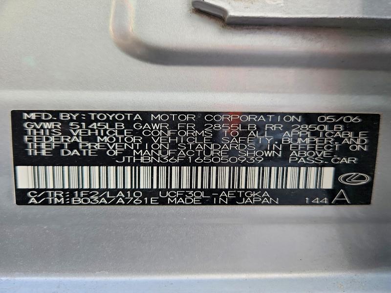 48251006 :رقم المزاد ، JTHBN36F165050939 vin ، 2006 Lexus Is 460 مزاد بيع