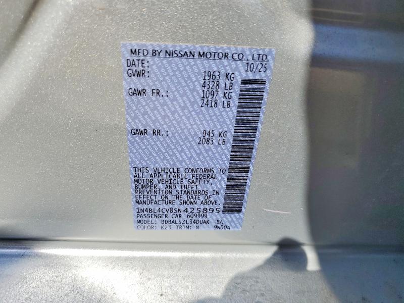 Aukcja sprzedaży 2025 Nissan Altima, vin: 1N4BL4CV8SN425895, numer aukcji: 49925726