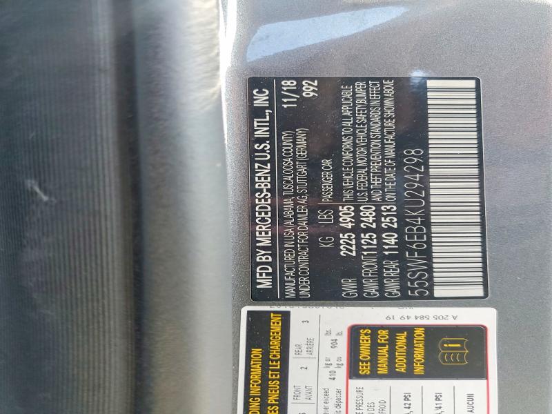 51693646 :رقم المزاد ، 55SWF6EB4KU294298 vin ، 2019 Mercedes-benz C مزاد بيع