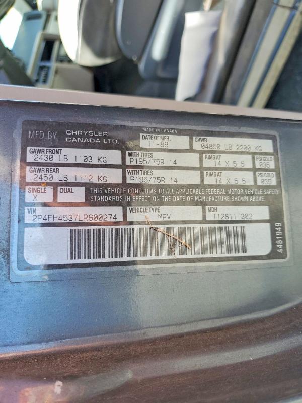 49989736 :رقم المزاد ، 2P4FH4537LR600274 vin ، 1990 Plymouth Voyager مزاد بيع