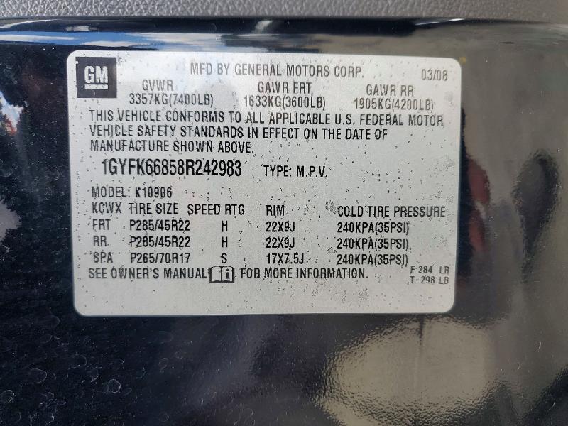 2008 Cadillac Escalade მანქანა იყიდება აუქციონზე, vin: 1GYFK66858R242983, აუქციონის ნომერი: 51483306