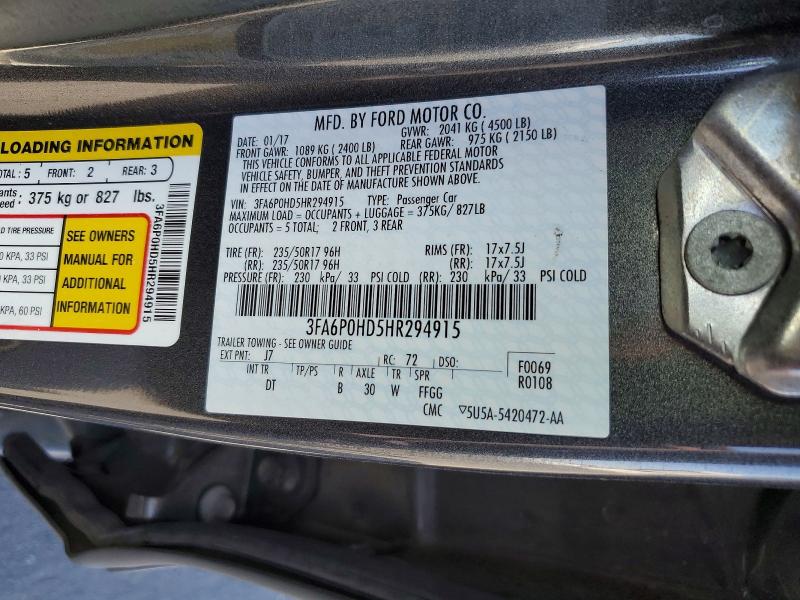 2017 Ford Fusion მანქანა იყიდება აუქციონზე, vin: 3FA6P0HD5HR294915, აუქციონის ნომერი: 48065416