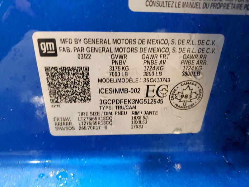 Aukcja sprzedaży 2022 Chevrolet Silverado, vin: 3GCPDFEK3NG512645, numer aukcji: 49705746