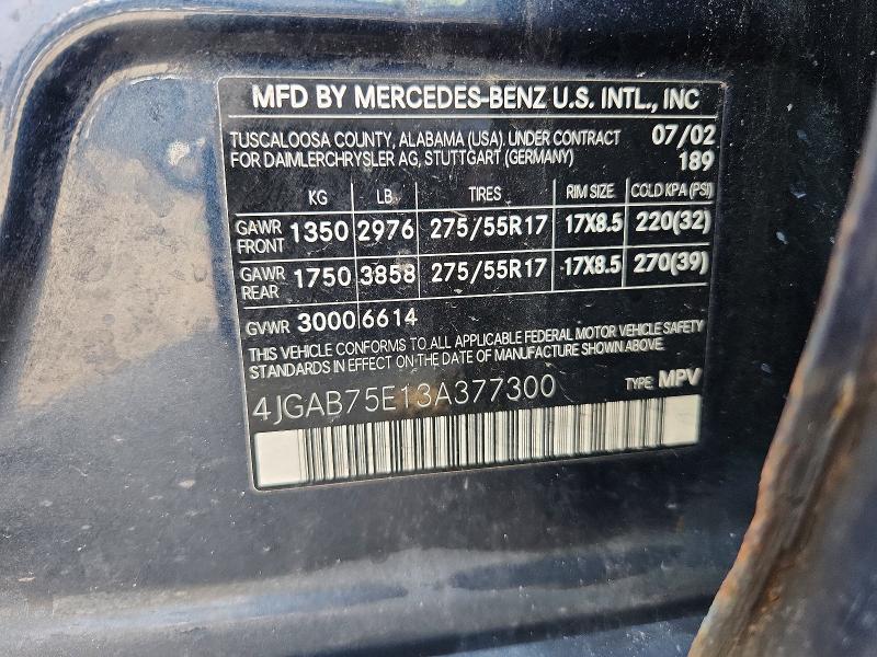 Aukcja sprzedaży 2003 Mercedes-benz Ml, vin: 4JGAB75E13A377300, numer aukcji: 48595436