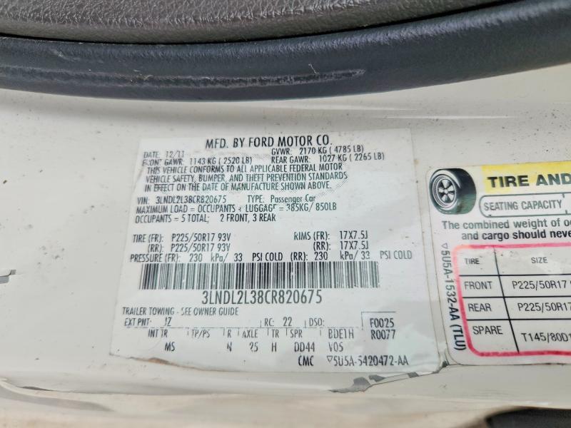 51838086 :رقم المزاد ، 3LNDL2L38CR820675 vin ، 2012 Lincoln Mkz مزاد بيع