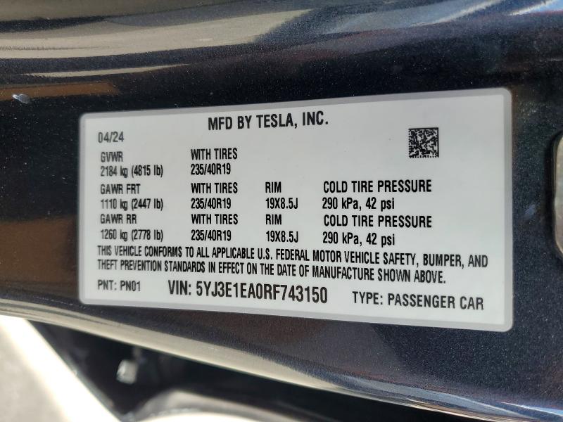 48983136 :رقم المزاد ، 5YJ3E1EA0RF743150 vin ، 2024 Tesla Model 3 مزاد بيع