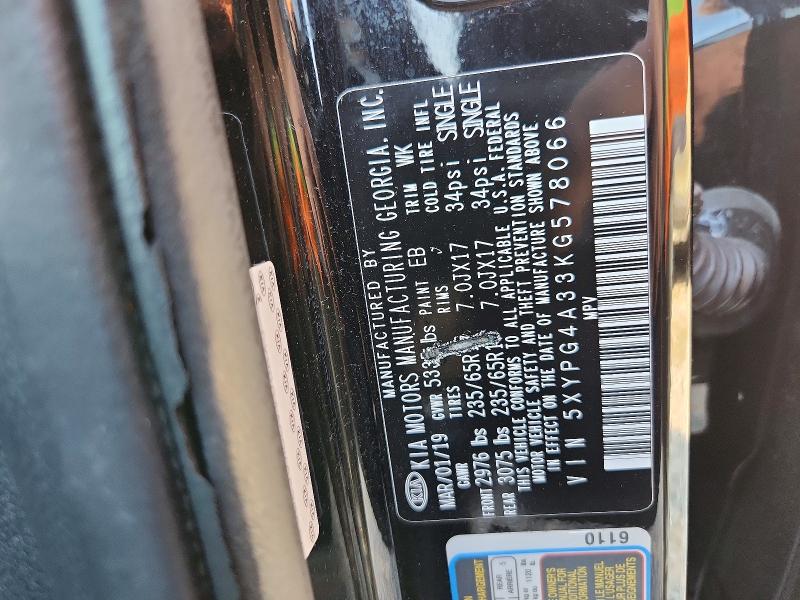 2019 Kia Sorento მანქანა იყიდება აუქციონზე, vin: 5XYPG4A33KG578066, აუქციონის ნომერი: 51169066