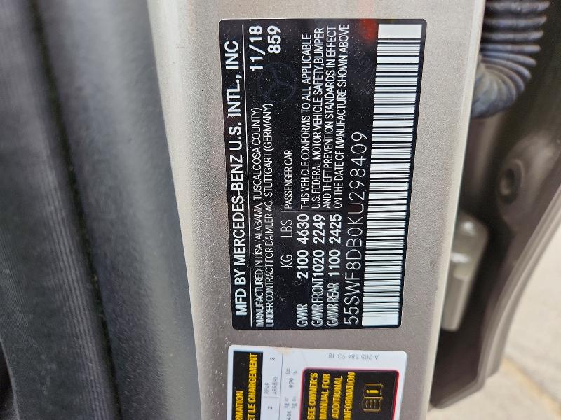 2019 Mercedes-benz C მანქანა იყიდება აუქციონზე, vin: 55SWF8DB0KU298409, აუქციონის ნომერი: 50483996