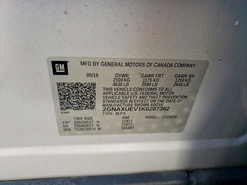 Продаж на аукціоні авто 2019 Chevrolet Equinox, vin: 2GNAXUEV1K6287362, номер лоту: 48687806