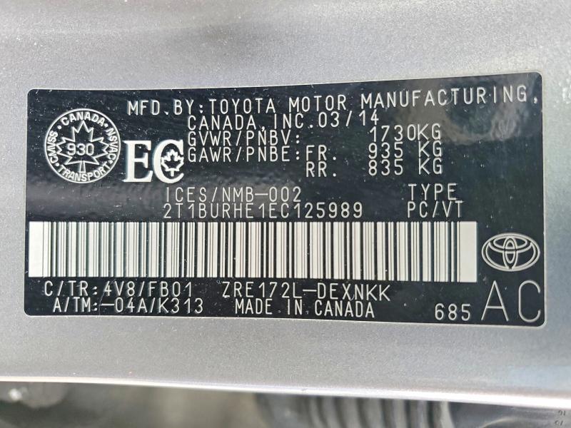 2014 Toyota Corolla მანქანა იყიდება აუქციონზე, vin: 2T1BURHE1EC125989, აუქციონის ნომერი: 49454156