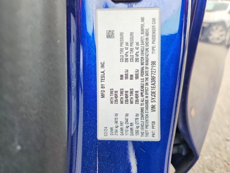 48162046 :رقم المزاد ، 5YJ3E1EA3RF727198 vin ، 2024 Tesla Model 3 مزاد بيع