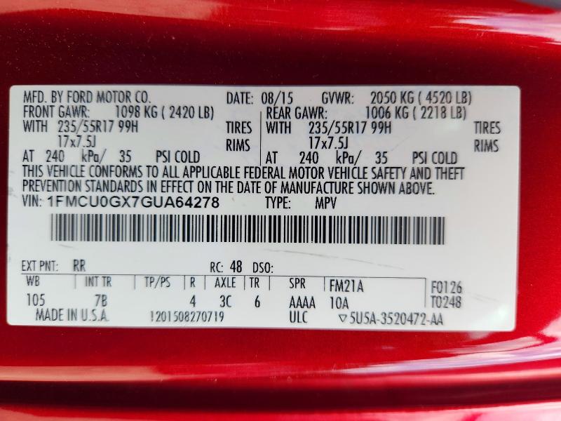 Продажа на аукционе авто 2016 Ford Escape, vin: 1FMCU0GX7GUA64278, номер лота: 49771046