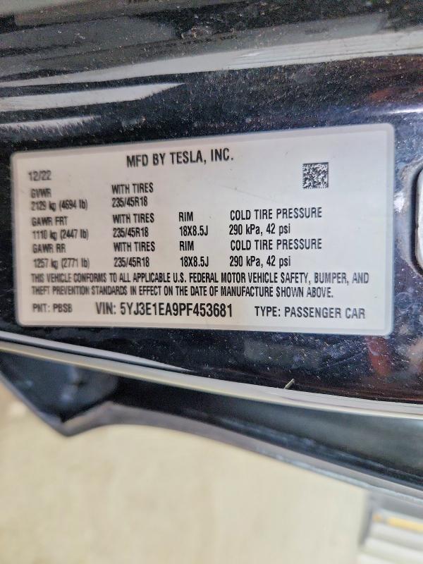 2023 Tesla Model 3 მანქანა იყიდება აუქციონზე, vin: 5YJ3E1EA9PF453681, აუქციონის ნომერი: 49838496