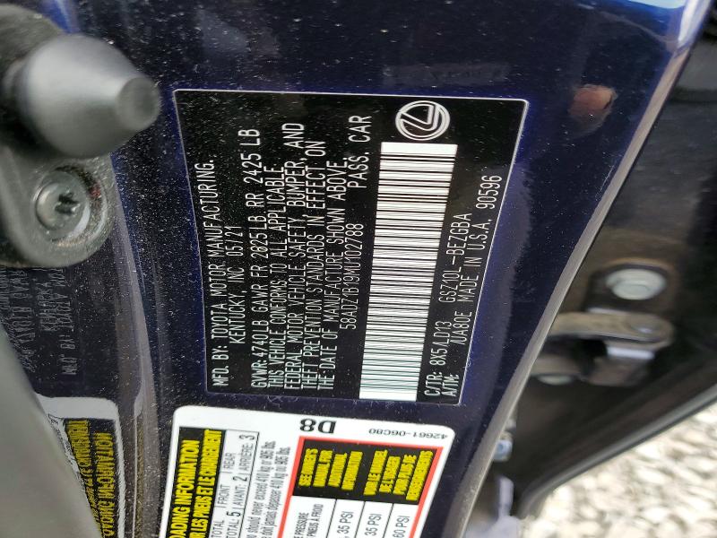 50312896 :رقم المزاد ، 58ADZ1B19MU102788 vin ، 2021 Lexus Es 350 مزاد بيع