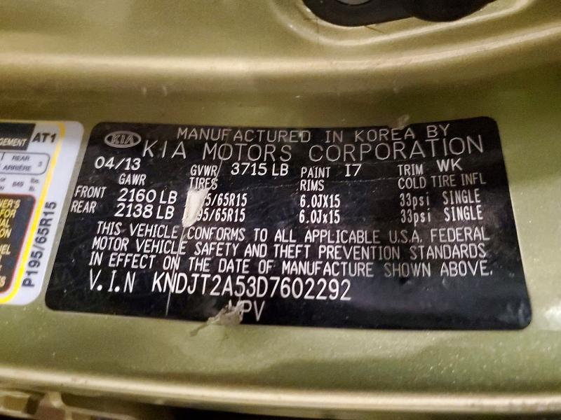 49959086 :رقم المزاد ، KNDJT2A53D7602292 vin ، 2013 Kia Soul مزاد بيع