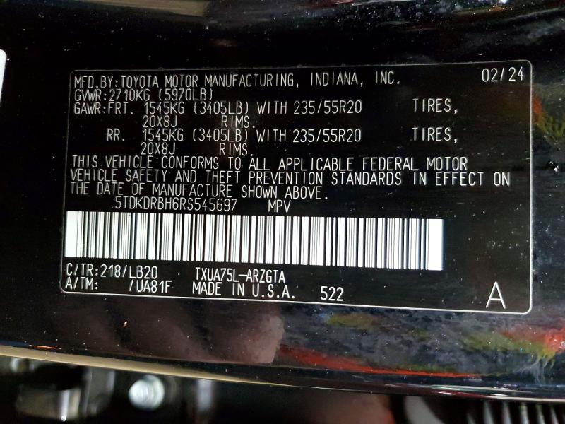 Aukcja sprzedaży 2024 Toyota Highlander, vin: 5TDKDRBH6RS545697, numer aukcji: 50800186