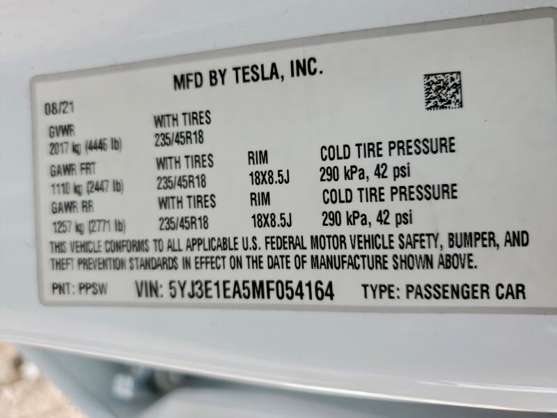 Aukcja sprzedaży 2021 Tesla Model 3, vin: 5YJ3E1EA5MF054164, numer aukcji: 50705526
