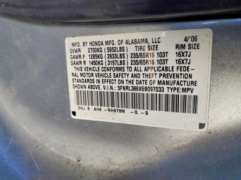 2006 Honda Odyssey მანქანა იყიდება აუქციონზე, vin: 5FNRL386X6B097033, აუქციონის ნომერი: 49264846