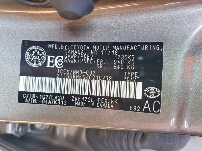 2019 Toyota Corolla მანქანა იყიდება აუქციონზე, vin: 2T1BURHE6KC210239, აუქციონის ნომერი: 48787526