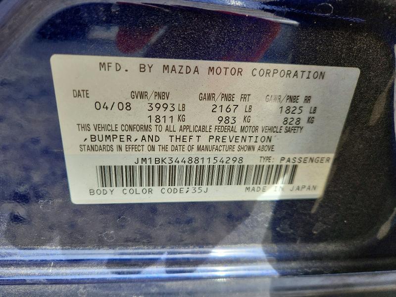 Продажа на аукционе авто 2008 Mazda 3, vin: JM1BK344881154298, номер лота: 48845646
