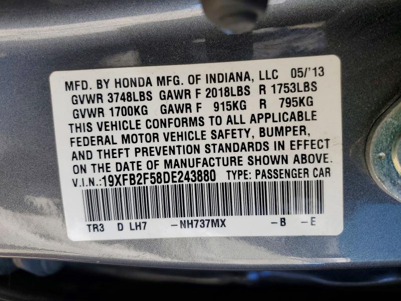 Aukcja sprzedaży 2013 Honda Civic, vin: 19XFB2F58DE243880, numer aukcji: 51378536