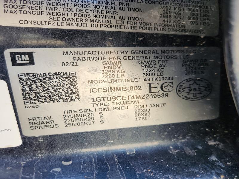 Продаж на аукціоні авто 2021 Gmc Sierra, vin: 1GTU9CET4MZ249639, номер лоту: 50390456