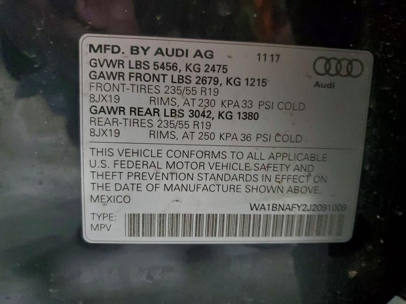 48587866 :رقم المزاد ، WA1BNAFY2J2091009 vin ، 2018 Audi Q5 مزاد بيع