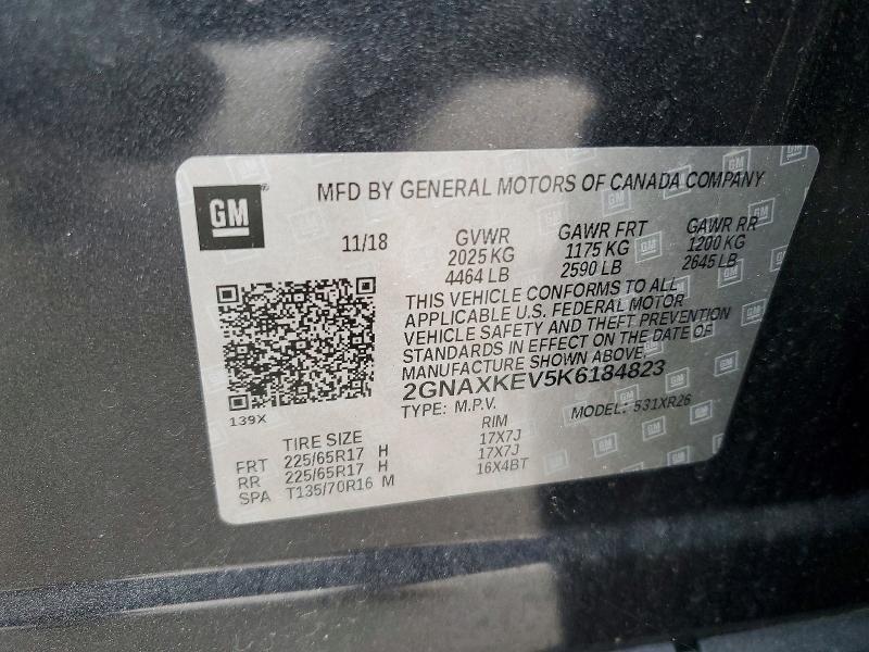 50726886 :رقم المزاد ، 2GNAXKEV5K6184823 vin ، 2019 Chevrolet Equinox مزاد بيع