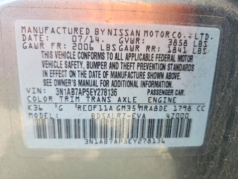 46782616 :رقم المزاد ، 3N1AB7AP5EY278136 vin ، 2014 Nissan Sentra مزاد بيع