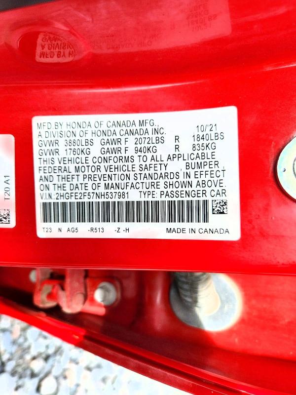 Продаж на аукціоні авто 2022 Honda Civic, vin: 2HGFE2F57NH537981, номер лоту: 49302946