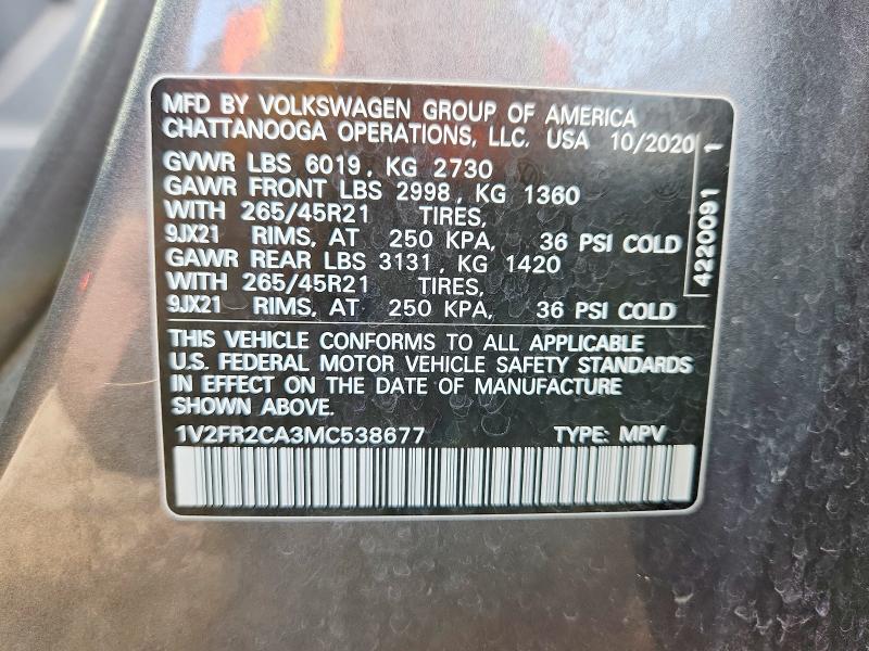 Aukcja sprzedaży 2021 Volkswagen Atlas, vin: 1V2FR2CA3MC538677, numer aukcji: 50050306