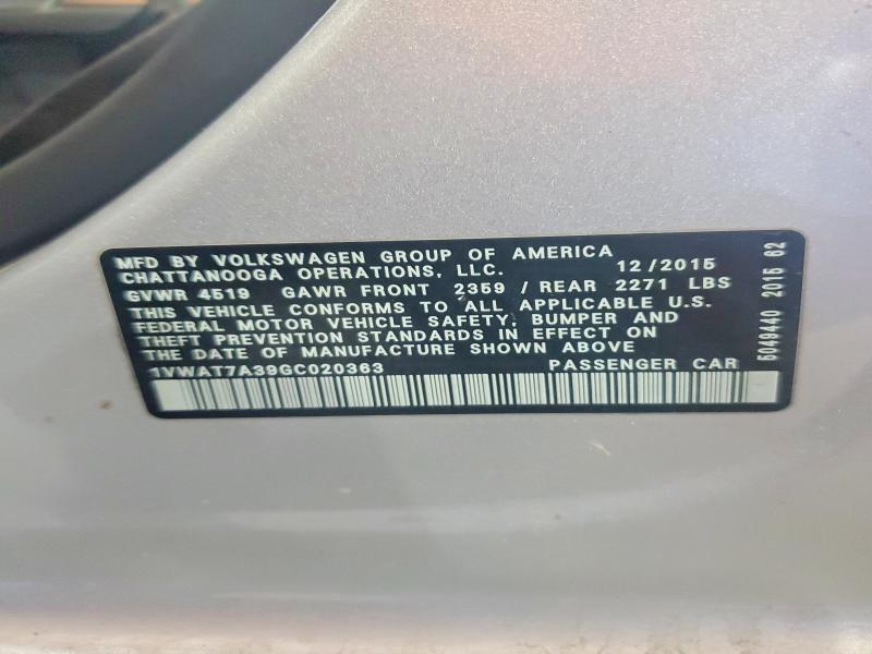 2016 Volkswagen Passat მანქანა იყიდება აუქციონზე, vin: 1VWAT7A39GC020363, აუქციონის ნომერი: 51176336