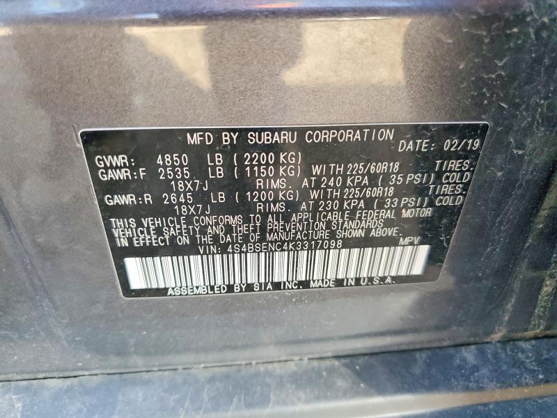 2019 Subaru Outback მანქანა იყიდება აუქციონზე, vin: 4S4BSENC4K3317098, აუქციონის ნომერი: 50361936