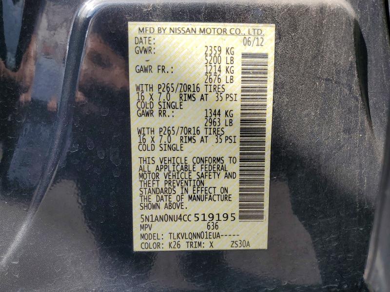 51475926 :رقم المزاد ، 5N1AN0NU4CC519195 vin ، 2012 Nissan Xterra مزاد بيع