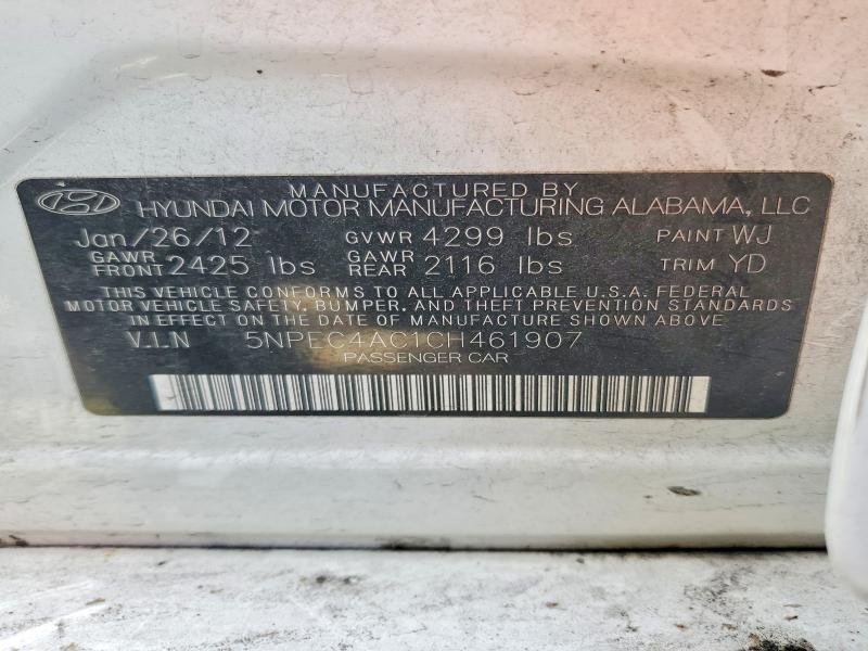 Aukcja sprzedaży 2012 Hyundai Sonata, vin: 5NPEC4AC1CH461907, numer aukcji: 51341026